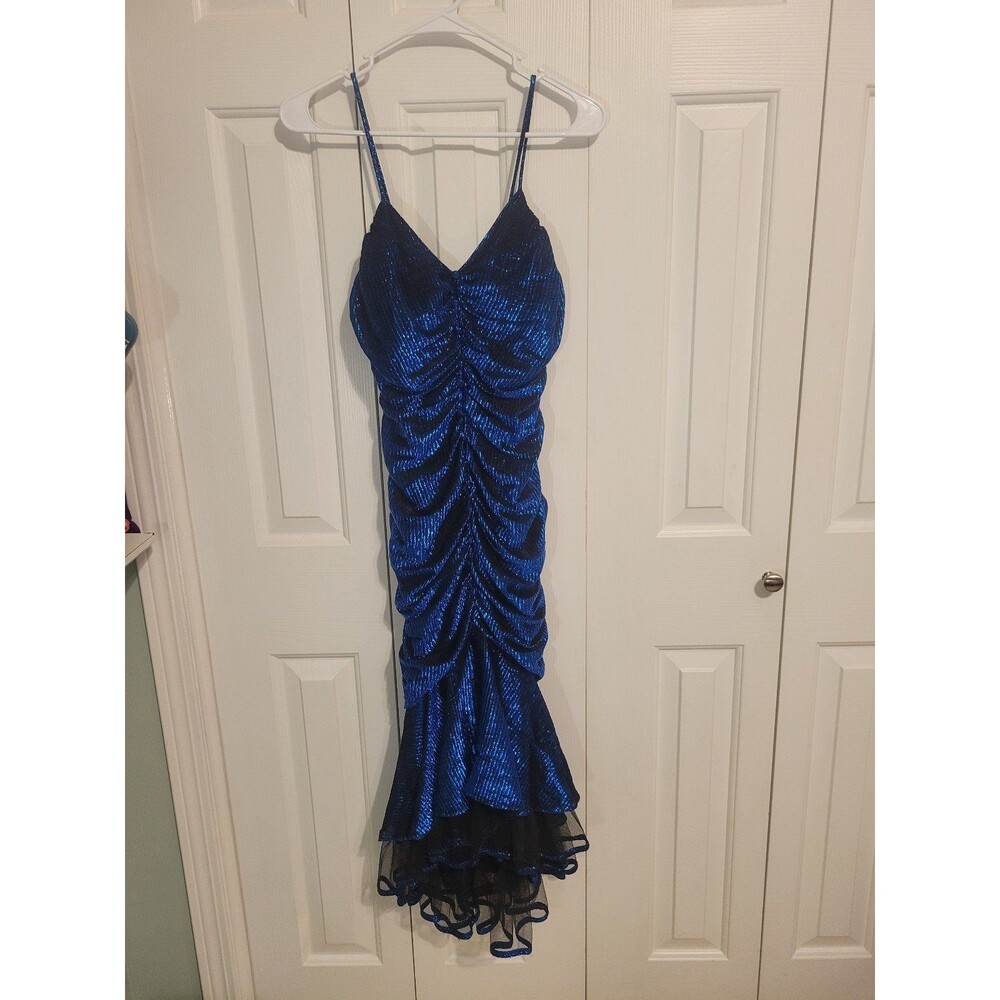 New leaf vintage party dress mermaid ruffle sequin 80s button strap ruched blue